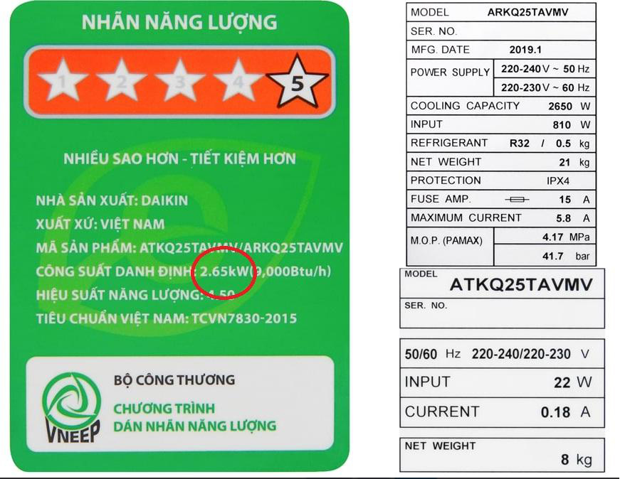 công suất tiêu thụ điện của điều hòa 1