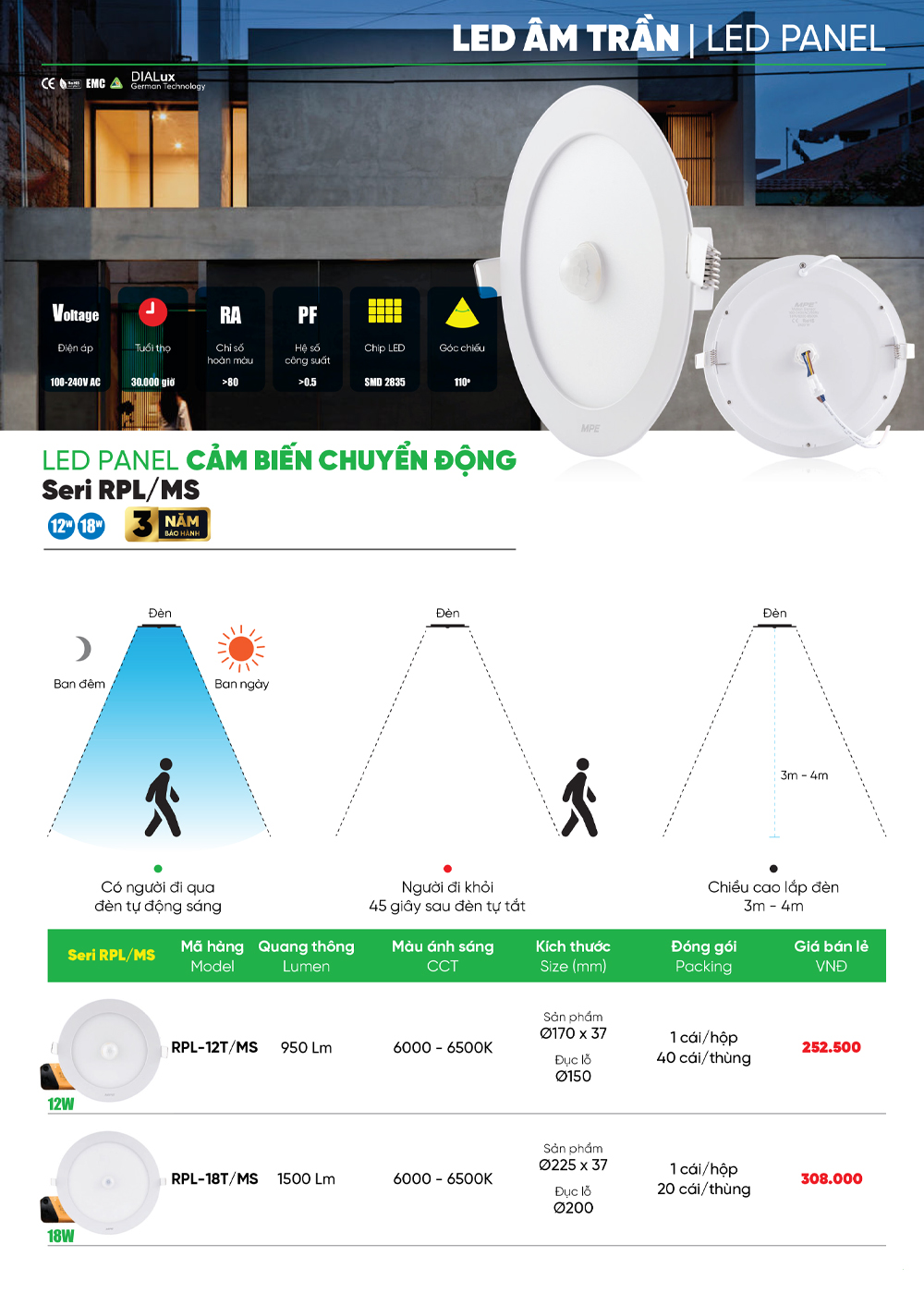 đèn led âm trần mpe cảm biến rpl ms