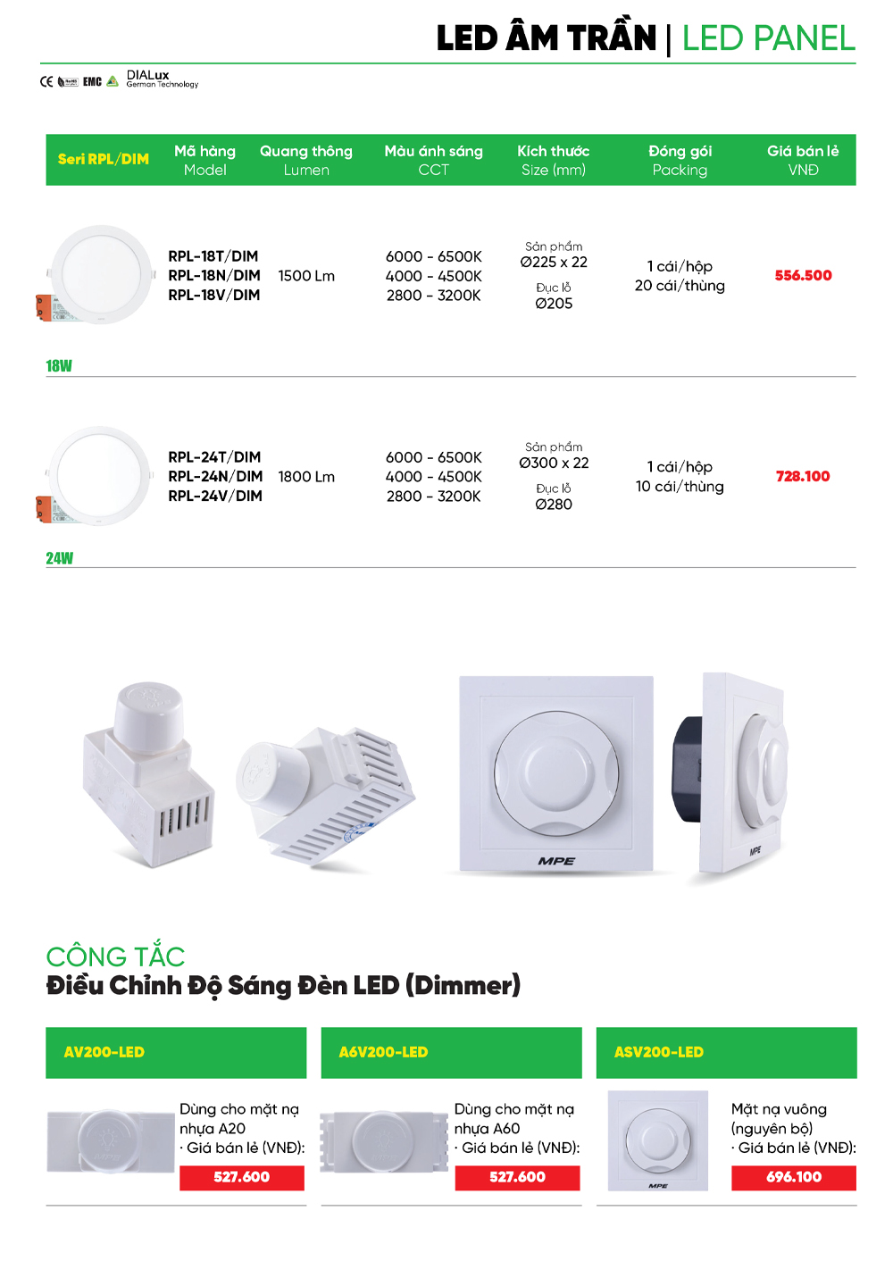 đèn led âm trần mpe chỉnh độ sáng rpl dim 1