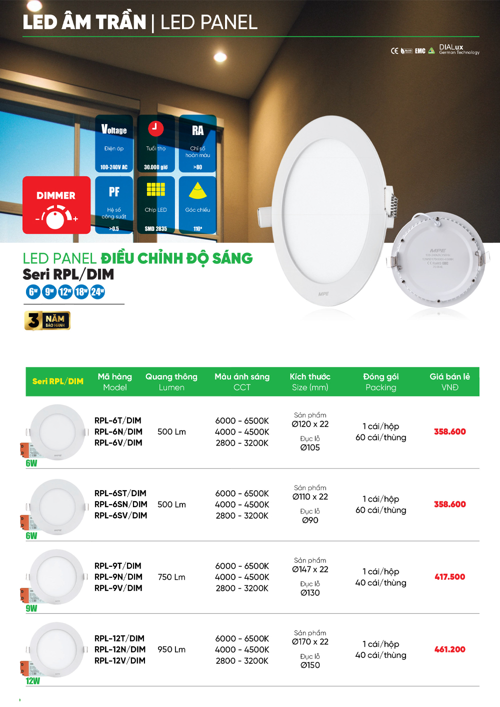 đèn led âm trần mpe chỉnh độ sáng rpl dim