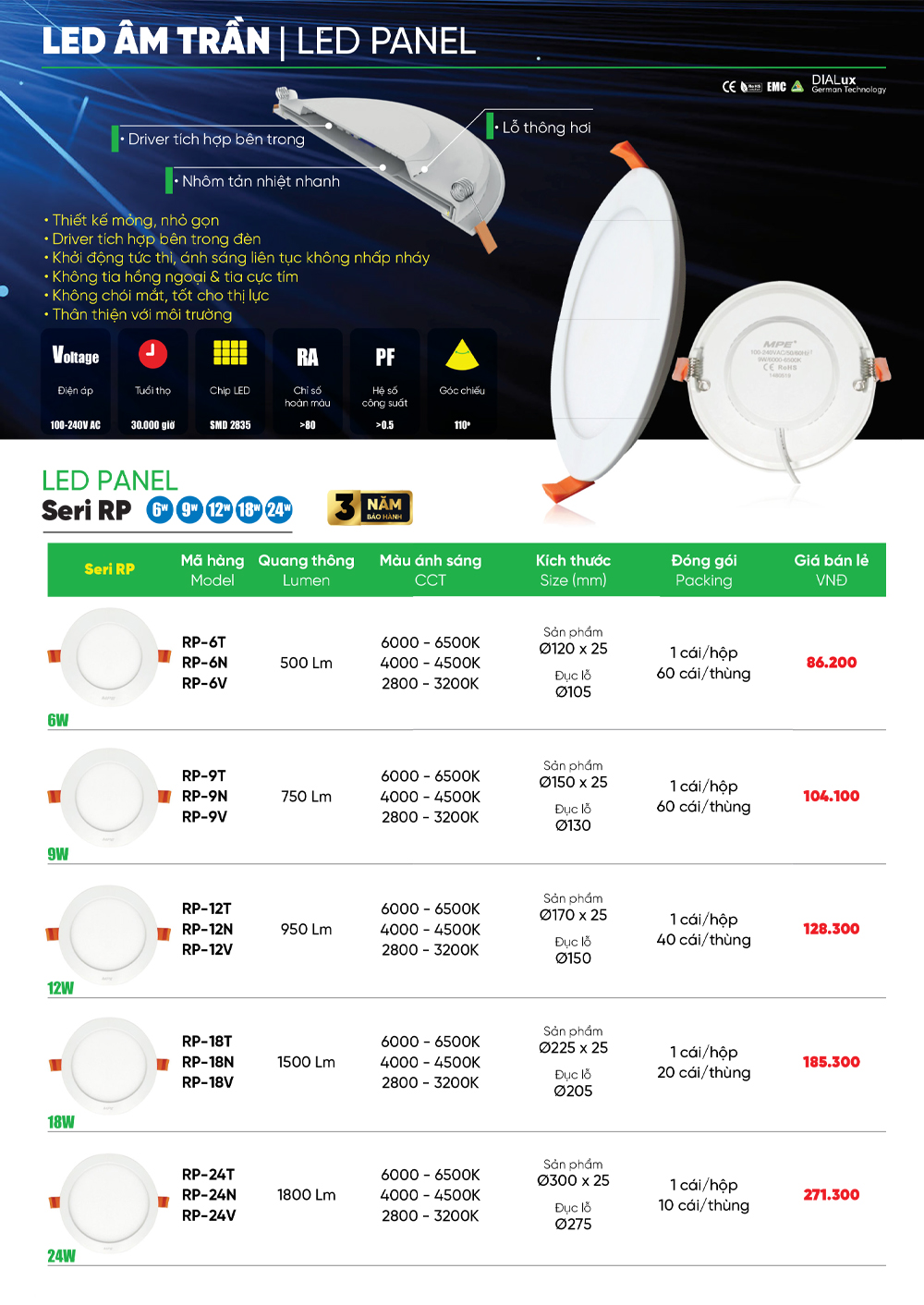 đèn led âm trần mpe rp