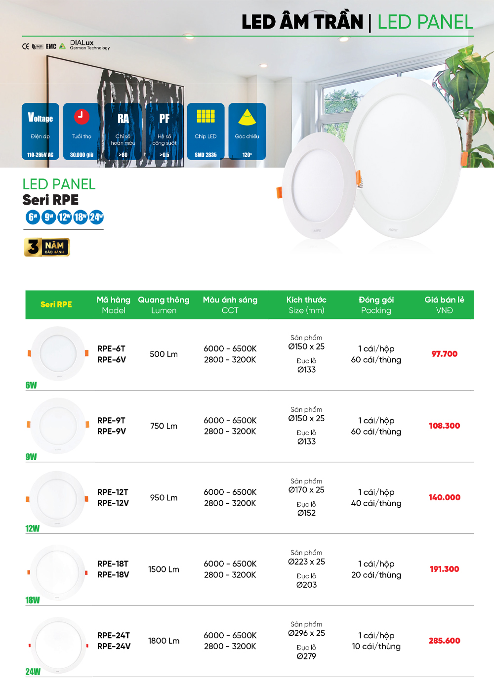 đèn led âm trần mpe rpe