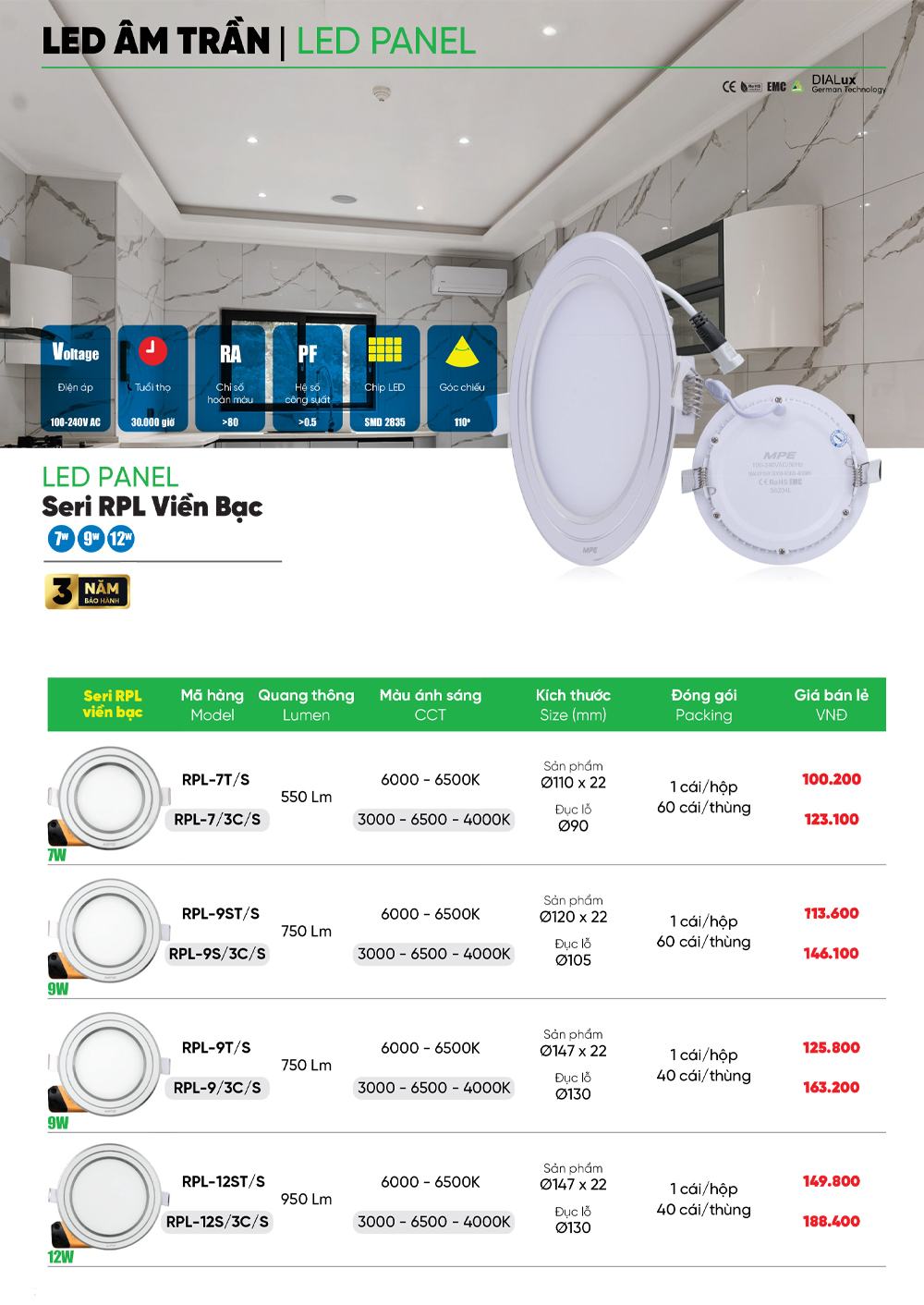 đèn led âm trần mpe rpl viền bạc
