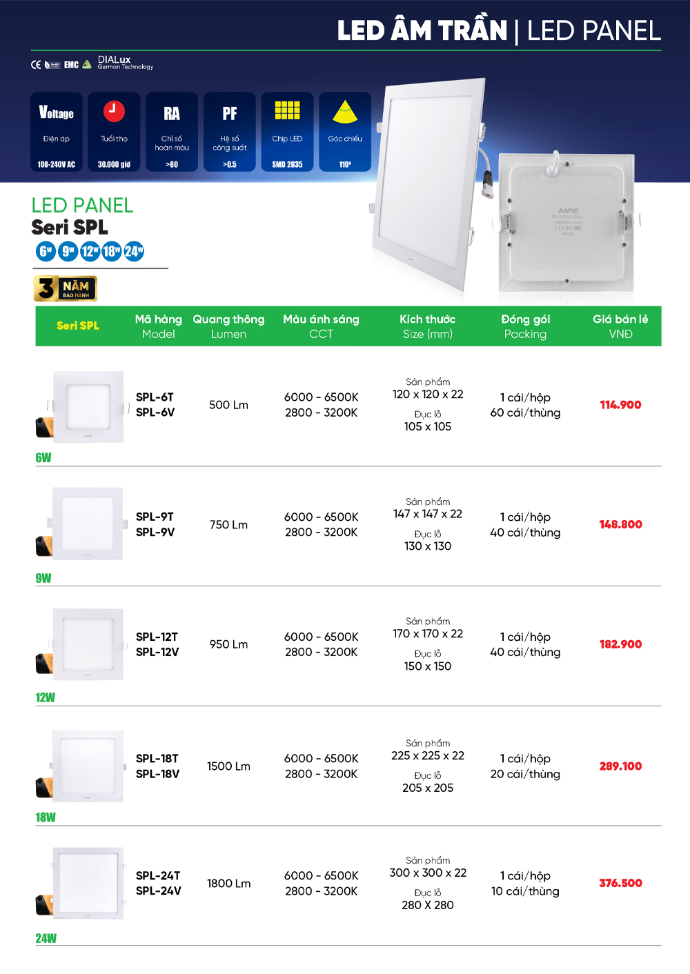 đèn led âm trần mpe spl vuông