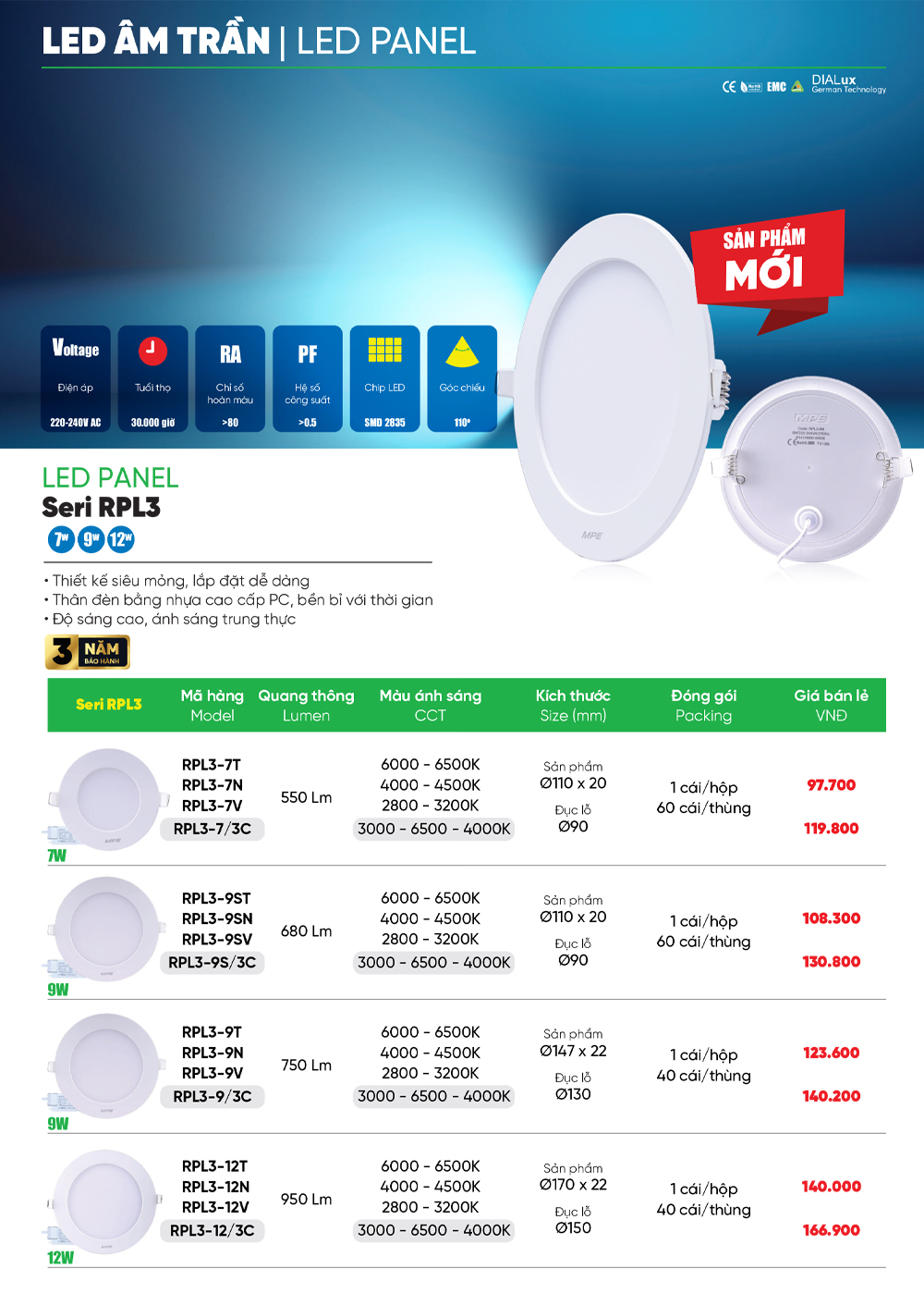 đèn led âm trần mpe rpl3
