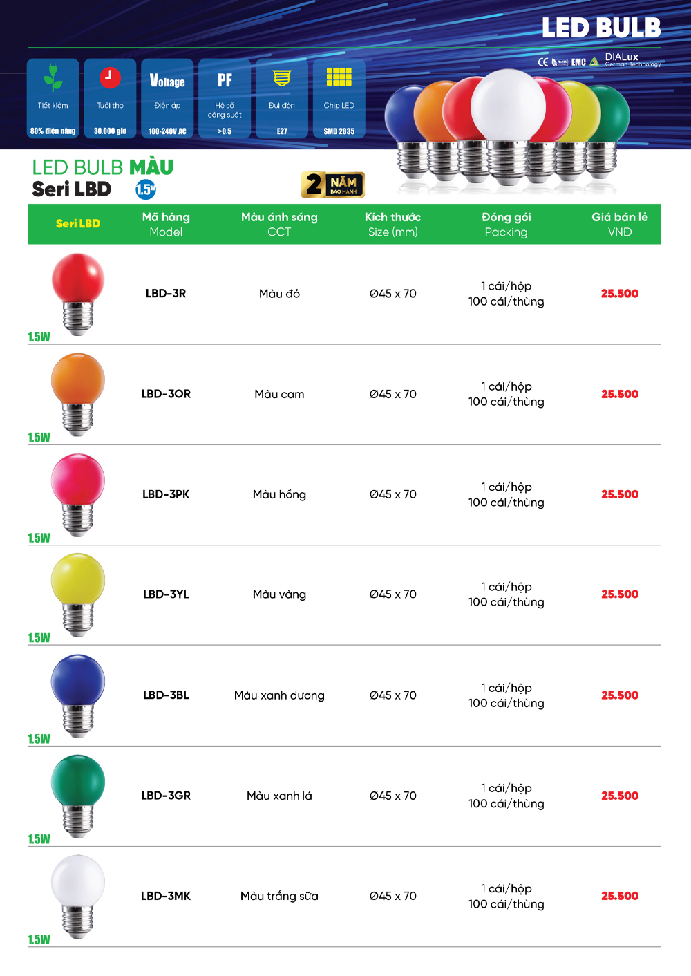 đèn led bulb mpe lbd màu