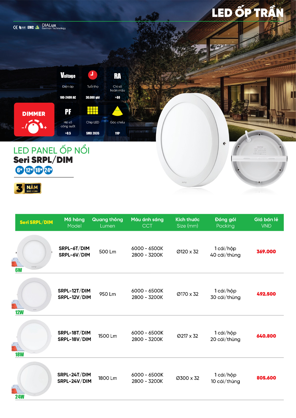 đèn led ốp nổi mpe srpl dim