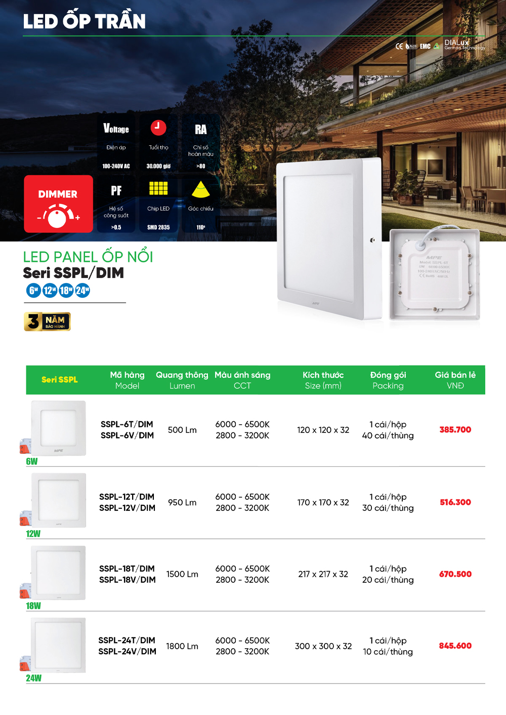 đèn led ốp nổi mpe sspl dim