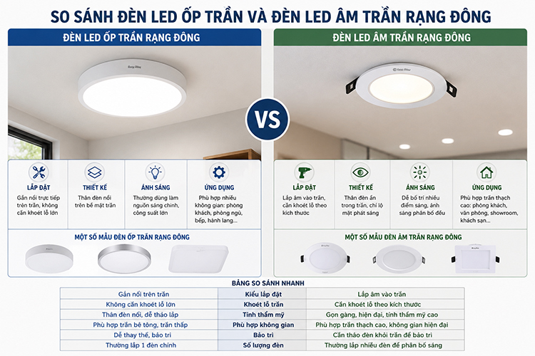 So sánh đèn LED ốp trần Rạng Đông và đèn LED âm trần